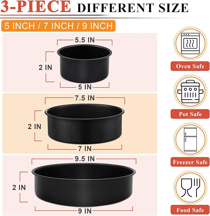 E-far Nonstick Cake Pan Set of 3, 5/7/9 Inch Stainless Steel Baking Pans Tins, Round Bakeware for Layer Cakes, Stainless Steel Core & Non-Toxic Coating, Straight Side & 2 Inch Deep