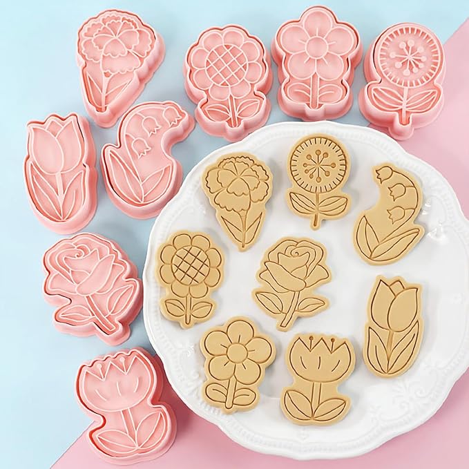 8 Flower Cookie Cutter, 3D Spring Floral Cookie Cutters with Lily of the Valley, Sunflower, Carnation,Tulip,Rose Shapes, Homemake Baking Tools for Mother's Day, Valentine, Holiday DIY Cookies (Flower)