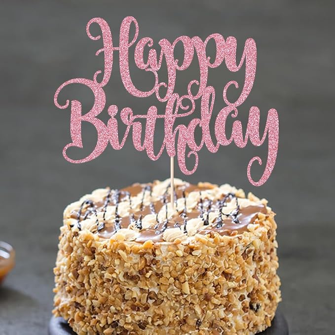 Happy Birthday Cake Topper- Glitter Happy Birthday Cake Decor, Handmade Anniversary/Birthday Party Supplies (pink)