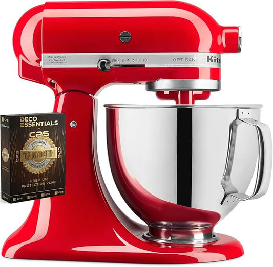 KitchenAid Artisan Series 5 Quart Tilt Head Stand Mixer with Pouring Shield KSM150PS, Cherry Tomato Bundle with Deco Essentials Exclusive CPS 1 Year Extended Protection Pack