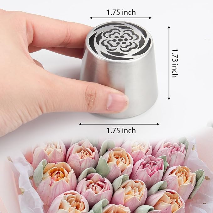 11-Piece Extra-Large Russian Flower Piping Tip Set, Stainless Steel Rose and Tulip Piping Tips for Cake Decoration, Including 9 Extra-Large Flower Tips, 1 Leaf Tip, and 1 Brush