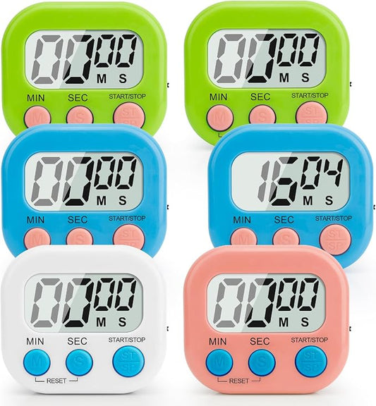 Digital Kitchen Timer, 6 Pcs Classroom Timers for Kids Teacher, Magnetic Countdown Minute Simple Timer for Cooking Study Exercise Game Baking Reading Gym Meeting Work Task (Blue/Green/White/Pink)