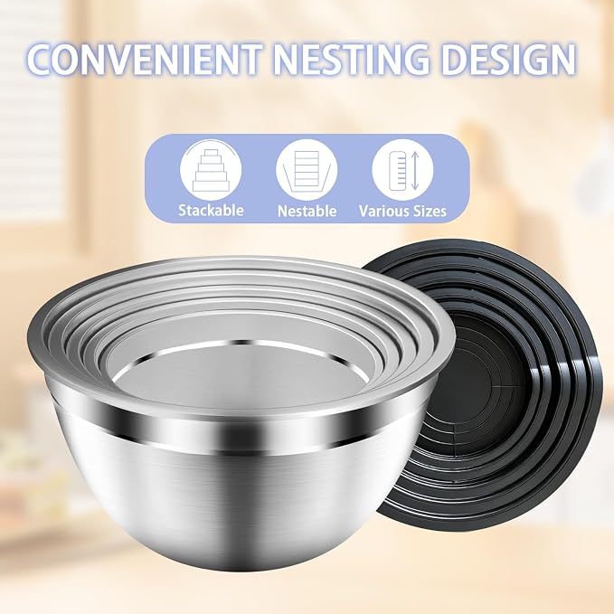 Mixing Bowls with Airtight Lids Set, 5 PCS Stainless Steel Black Nesting Bowls for Kitchen, Large Prep Metal Mixing Bowls for Kitchen, 5.5/4/3.5/2/1.5 QT for Mixing & Serving