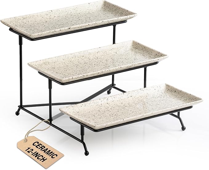 LAUCHUH 3 Tier Serving Tray, Porcelain Serving Platters and Trays for Party 12 Inch Tiered Tray Stand Cupcake Stand with Collapsible Sturdier Rack for Father's Day Serving Food, Speckled Glaze