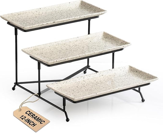 LAUCHUH 3 Tier Serving Tray, Porcelain Serving Platters and Trays for Party 12 Inch Tiered Tray Stand Cupcake Stand with Collapsible Sturdier Rack for Father's Day Serving Food, Speckled Glaze