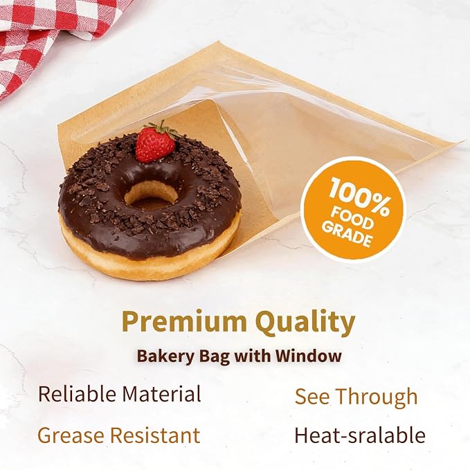 Cookie Bags with Window for Bakery, 100 Pack 7.1x7.5" Heat Seal Cookie Packaging Sleeves with Seal Sticker, Paper Treat Bag for Individual Bake Sale, Home Baked Brownie, Sandwich, Bread