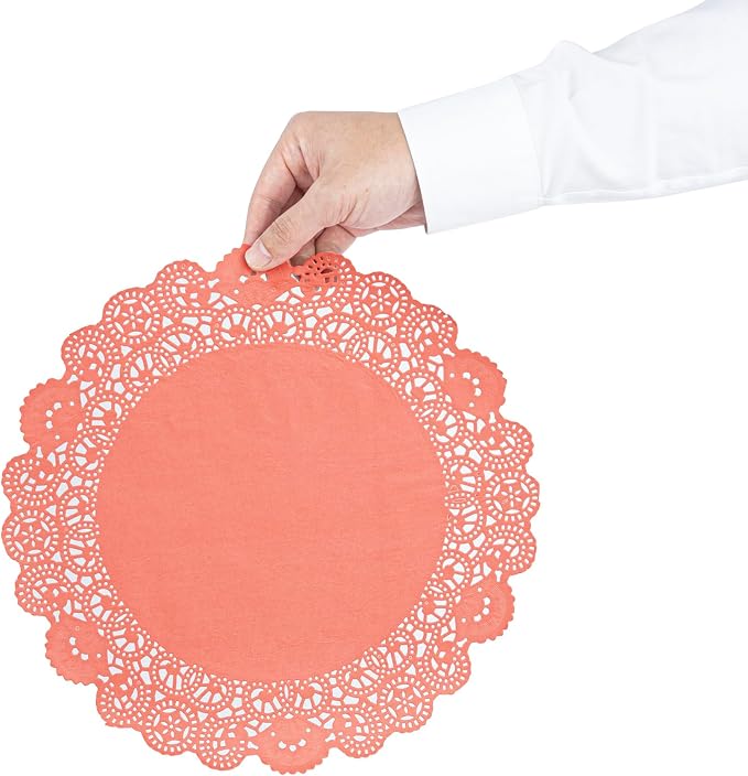 Restaurantware Pastry Tek 12 x 12 Inch Lace Doilies 100 Decorative Tableware Placemats - Disposable Round Red Paper Table Doilies For Birthdays Or Weddings Table Decor