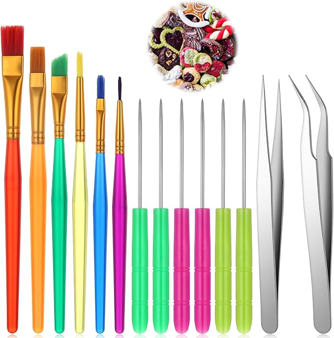14 PCS Cookie Decorating Tool Set, Fondant Cake Decorating Brushes Scribe Cookie Tool Sugar Stir Needle Baking Elbow and Straight Tweezers for Baking Fondants Christmas Sprinkles Supplies for Fondant
