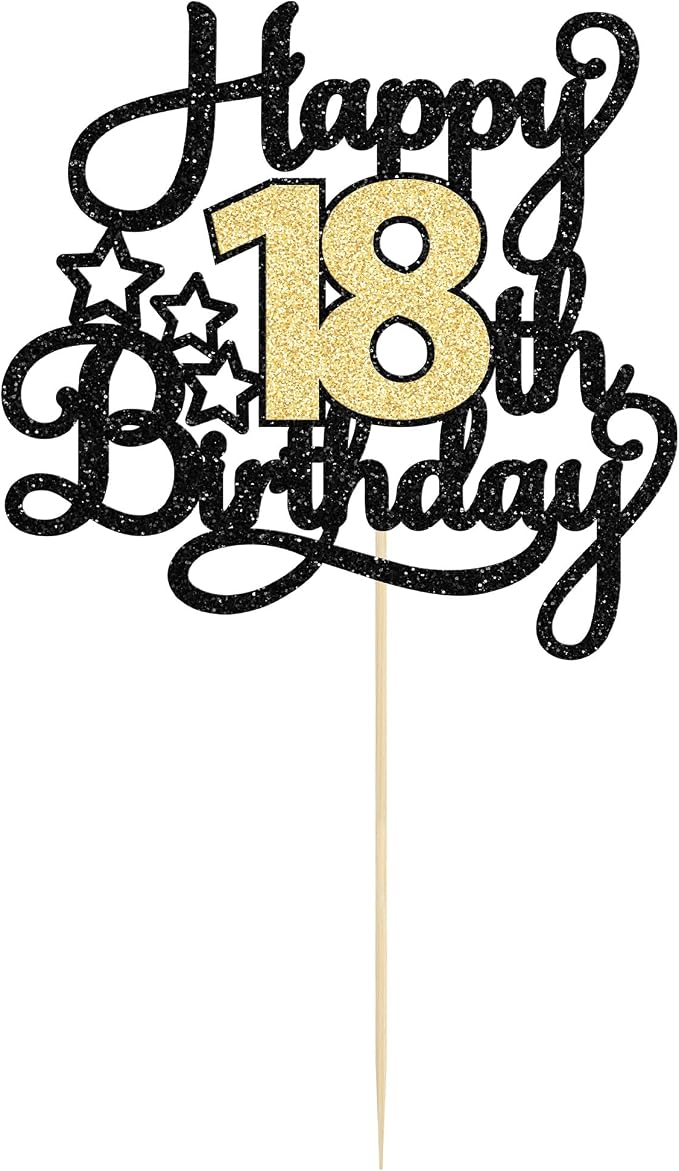 1Pc 18th Happy Birthday Cake Topper Glitter Cheers to 18 Years Birthday Cake Pick Cake Decoration for 18th Party Decoration Supplies Black Gold