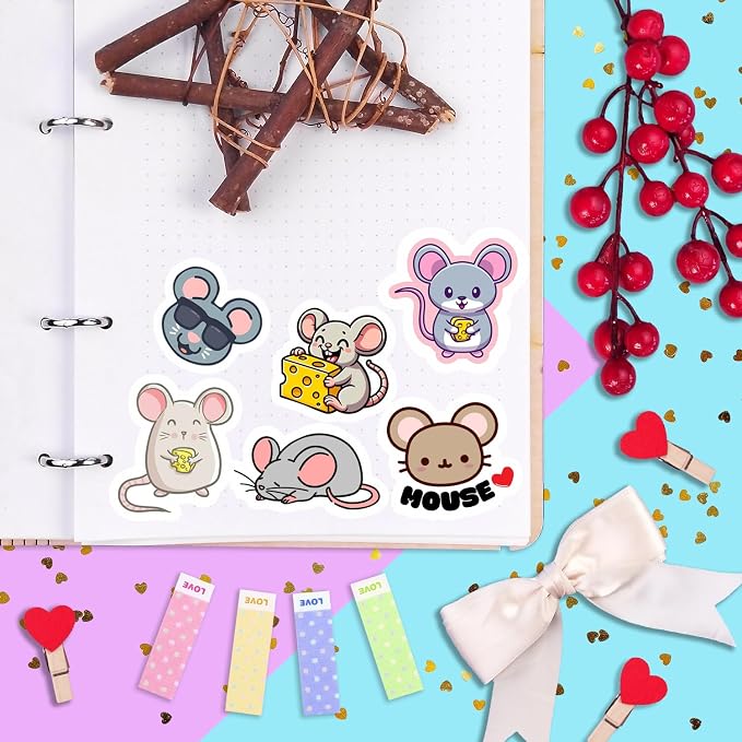 100Pcs Mouse Stickers for Water Bottle and Laptop - Mouse Party Supplies & Decorations, Waterproof Vinyl Decals, Cute Animal and Rodent Stickers, Gifts for Women & Men