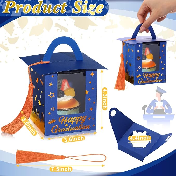 Outus 30 Pcs Graduation Cupcake Boxes Graduation Gift Box Congrats Grad Cupcake Container Candy Boxes with Window and Tassel for 2026 College High School Grad Party(Blue and Orange)