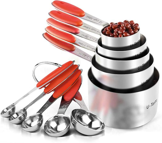 Measuring Cups : U-Taste 18/8 Stainless Steel Measuring Cups and Spoons Set of 10 Piece, Upgraded Thickness Handle(Red)
