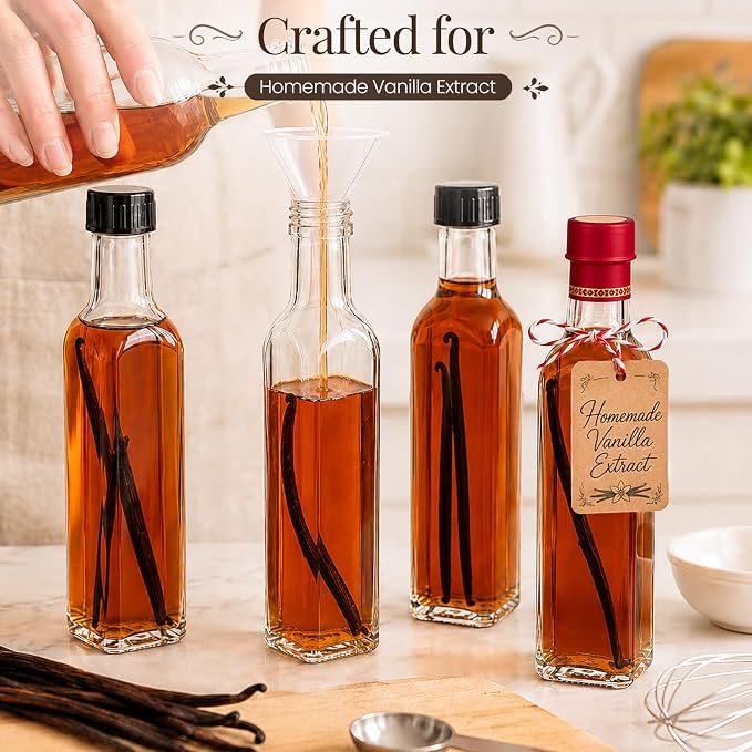 TBWIND 15 Pack 8.5oz (250ml) Vanilla Extract Bottles with Airtight Caps | Includes Shrink Bands, Labels & Funnels; Ideal for Vanilla Extract, Syrups, Infused Oils, Vinegars & Gifting