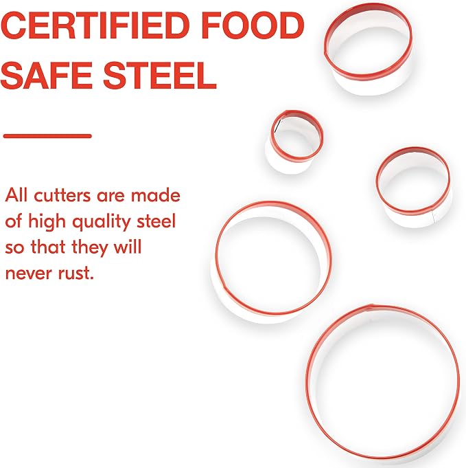5 Pcs Round Circle Cookie Cutters 1.9", 2.3", 2.7", 3.1", 3.5", 0.4MM Thickness Heavy Duty Food-Grade Stainless Steel, Biscuit Cutter, Mini Cookie Cutters, Unique Design with Protective Red Top PVC