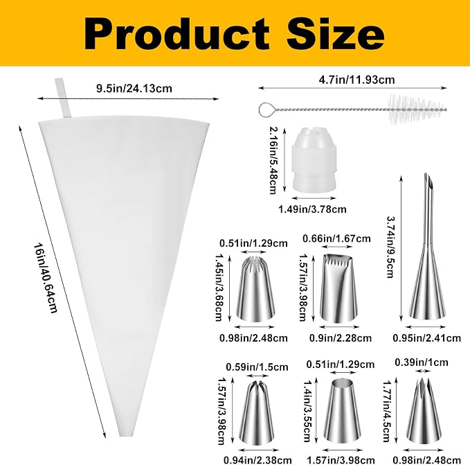 11 Piece Reusable Piping Bags and Tips Set, 16inch Pastry Bags with 6pcs Large Stainless Icing Tips, Coupler and Cleaner, Suitable for Cake Decorating, Cupcakes, Cookies