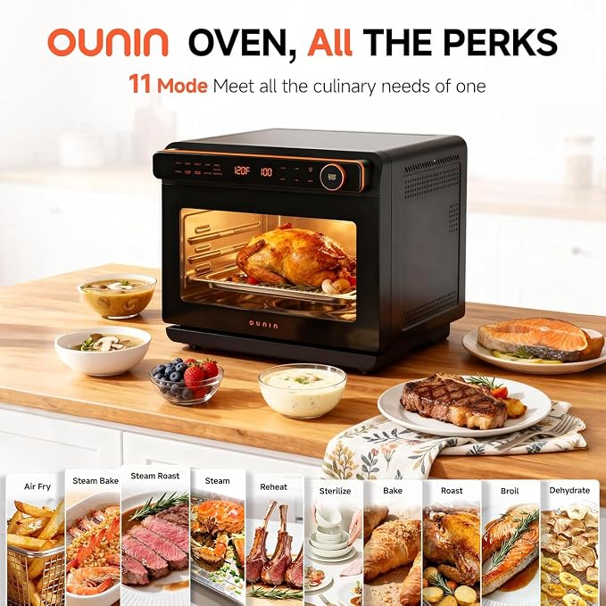 OUNIN 24L Steam and Air Fryer Combo Countertop Oven,11-in-1 Convection Baking and Steam,Bake,Broil,Dehydrate,304 Stainless Steel,Fast Cooking with Precise Electronic Temperature Control,for Gifting