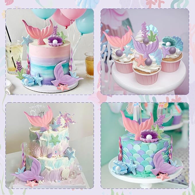 21pcs Mermaid Cake Topper - Mermaid Tail Cake Decorations with Seaweed Shells Starfish Coralal Under the Sea Cake Decorations for Birthday Party Decorations (Pink Purple)