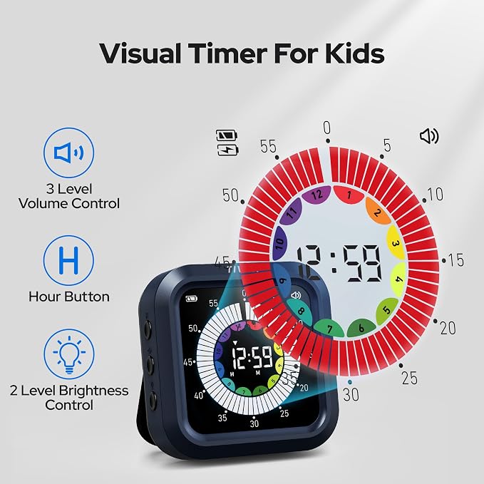 Visual Timer for Kids with Color Display Kitchen Timer 1500mAh Battery | Memory Function Scroll Wheel Control, Magnetic Back with Stand, Up to 12h59m Countdown, Kitchen, Study & Classroom