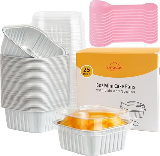 LNYZQUS 5oz Mini Cake Pans with Lids 25 Pack, Small Foil Baking Cups Muffin Tin, Square Individual Cupcake Containers for Oven, Disposable Ramekins Liners for Bake Sale Wedding -White