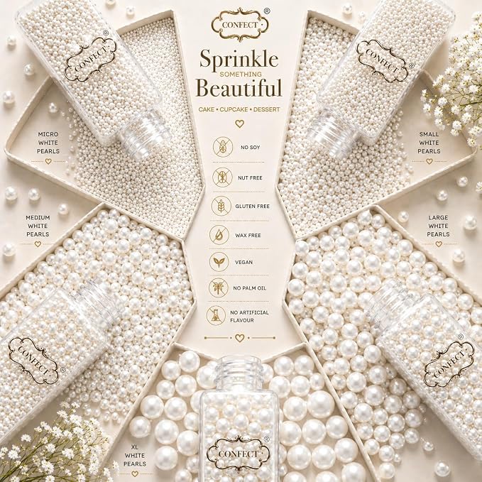Confect White Pearl Sprinkles | Valentines Sprinkle | Edible Mix White Pearls & Dragees | Frozen Sprinkle & Disco Balls for Cakes, Cupcakes | White Princess Disco Ball Sprinkles | Vegan, Gluten-Free, Nut-Free, Soy-Free, Dairy-Free, Palm Oil-Free | Dye ...