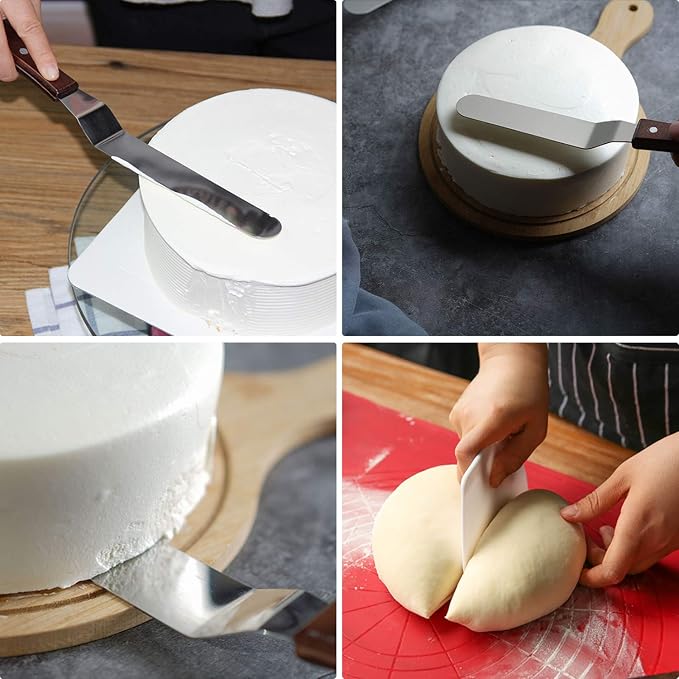 4 Packs Offset Spatula, Stainless Steel Cake Icing Spatula Set 4” 6” 8” 10”with Wooden Handle and 3 Packs Cake Smoother Scraper Set for Cake Decorating, Baking (Angled)