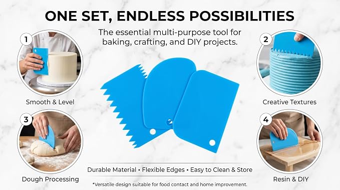 Cake Decorating Scraper Set, 6 Piece Plastic Icing Smoother Tools, Serrated and Flat Edge Dough Scrapers for Baking, Pastry, Bread, Pizza, 2.95-4.81 Inch (blue)