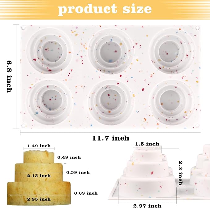 Sakolla 2 Pack 3 Tier Mini Cake Molds, 6 Cavity Silicone Cake Molds for Baking Cake Pop, Cakesicle, Brownie and Mousse (Confetti)