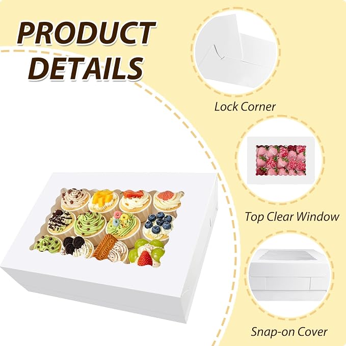 3 Pack White 1/4 Sheet Cake Boxes with Window, 14x10x4 Inch Food-Grade Quarter Sheet Bakery Boxes for Cupcakes, Cookies, Donuts, Pies, Strawberry Chocolates & Party Treats