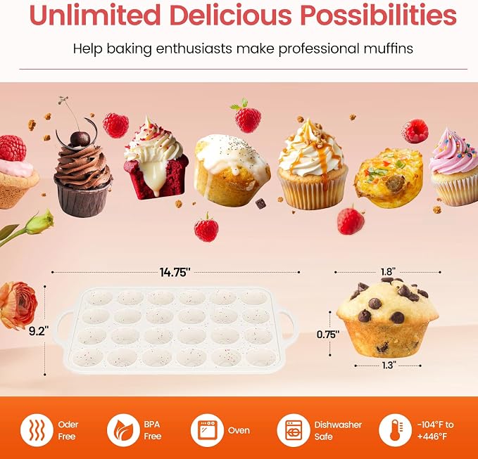 Silicone Mini Muffin Pan With Metal Reinforced Frame - 24 Cups Durable Silicone Cupcake Pan for Muffin, Cupcakes, BPA Free and Dishwasher Safe - 1 Piece Beige with Rainbow Spots