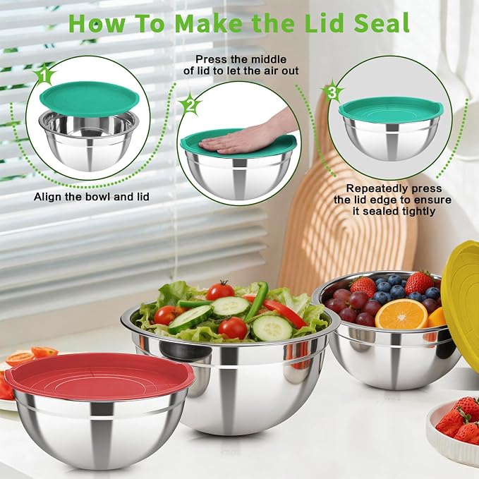 7 Pcs Stainless Steel Mixing Bowls with Colorful Lids Set | Metal Mixing Salad Bowls Nesting Design for Kitchen Mixing/preping/Saving, Size: 0.7, 1.1, 1.5, 2.1, 3.5, 4, 4.5Qt