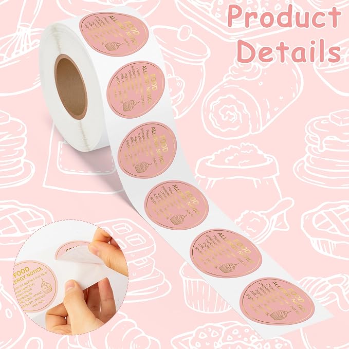 PANTIDE Food Allergy Notice Stickers - 500 Count Allergen Warning Label Gold Foil Adhesive Round Decal Roll, Food Alert Safety for Restaurant Home Kitchen Bakery Cake Shop (2 x 2 Inch, Pink)
