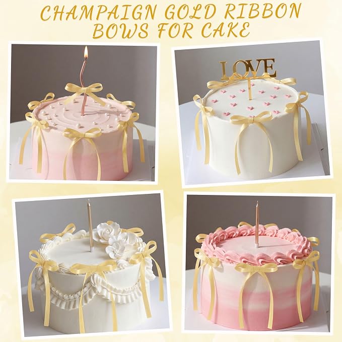 30 Pack Bow Cake Toppers Champagne Gold Ribbon Bows for Cake Bow Cupcake Toppers Back to School Decorations Bow Birthday Decorations for Baby Shower, Wedding, Engagement, Bachelorette Party