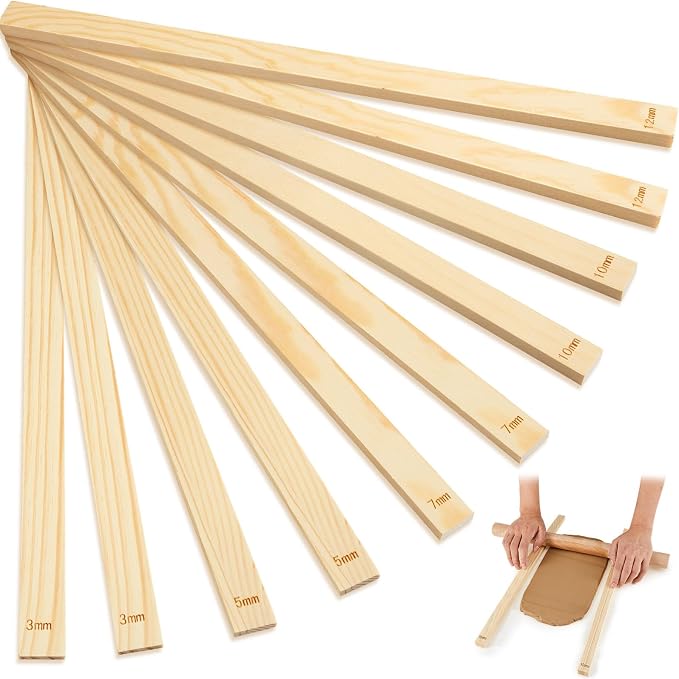 Sasylvia 10 Pcs Clay Pottery Rolling Pin Guides Wood Teaching Rolling Mud Stick Guide Set Polymer Clay Depth Thickness Guide Pottery Mudboard Tools (5 Size Lengthen,Wood Color)