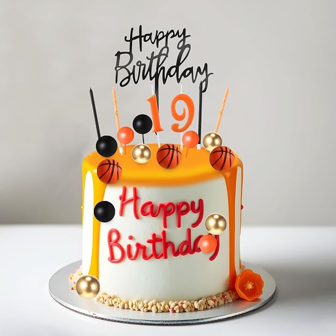 Yerliker 34 Pcs Happy Birthday Cake Toppers Decorations Birthday Candles DIY Cake Decor for Men Women Wedding Anniversary(Orange Black Gold)