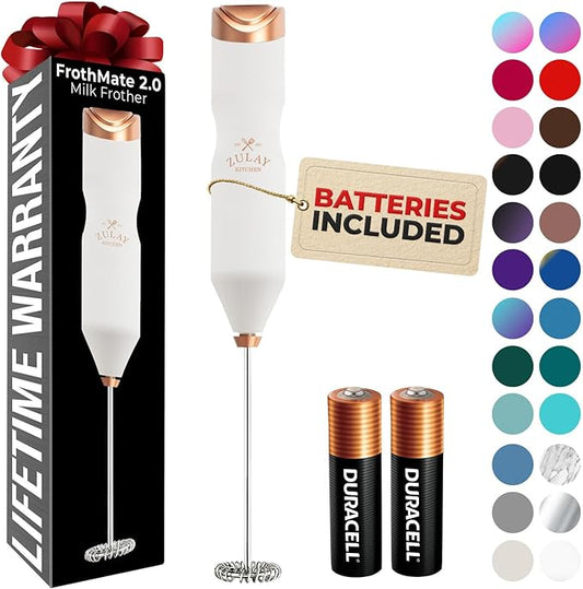Zulay Kitchen Powerful Frother Wand AA Batteries Included, Ultra Fast Handheld Drink Mixer, Comfort Milk Frother, Stainless Steel Whisker, Frother Handheld for Coffee, Protein & Matcha - Frothmate 2.0