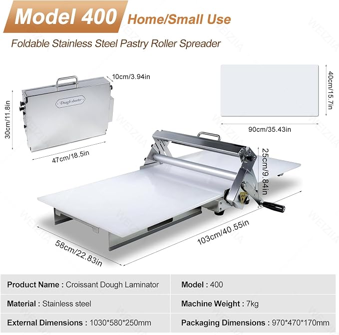 Croissant Dough Laminator, Commercial Dough Roller Sheeter, Dough Machine Thickness Adjustable 0-25mm, Stainless Steel, Table Top Croissants Fondant Pizza Pastry Sheeter Machine Type400