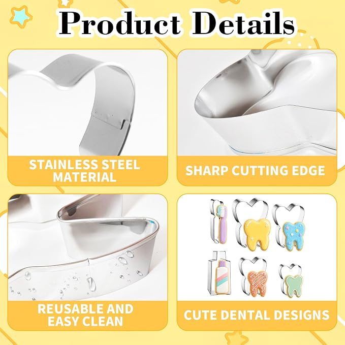 6 Pieces Tooth Cookie Cutters Set, Stainless Steel Dental-Themed Biscuit Molds Includes Teeth, Toothpaste, Toothbrush for Baking, Dental Party, Kids Birthday, Dentist Appreciation, Halloween Treats