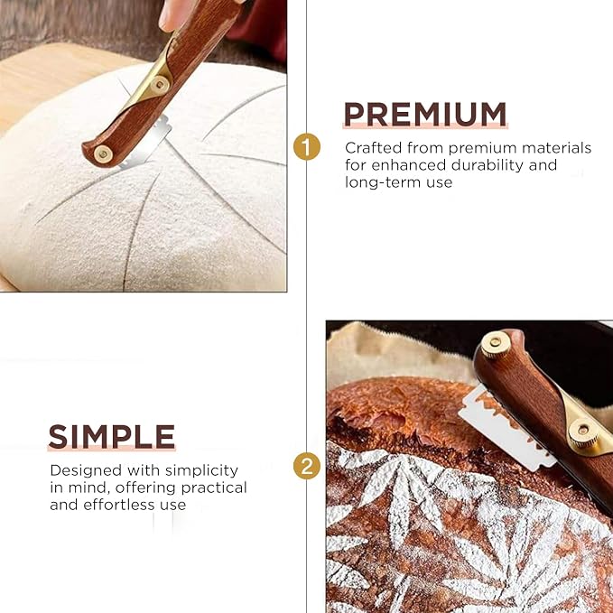 Linora Bread Lame sourdough scoring tool - Handcrafted Wooden bread scoring knife with 4 Razor Blades, scoring tool for sourdough bread baking, bread scorer blade with protective cover