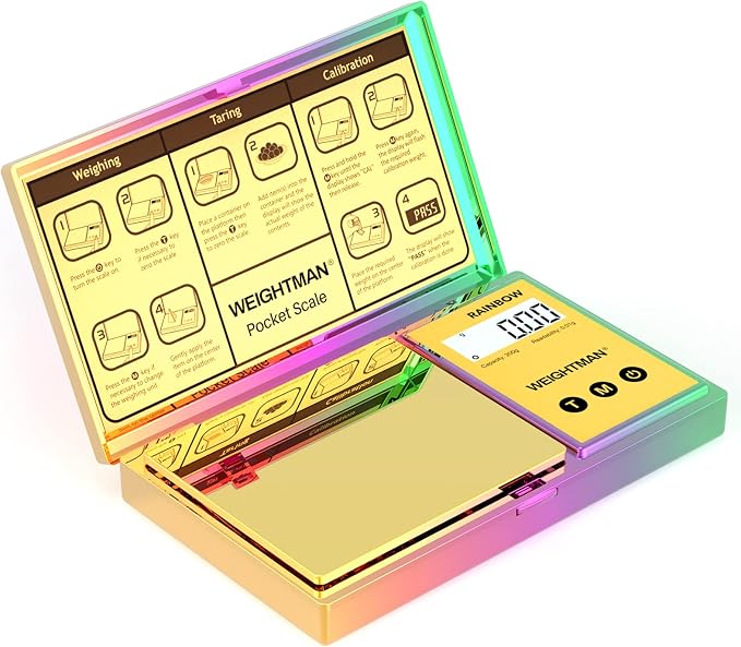 WEIGHTMAN Shiny Digital Gram Scale 200g x 0.01g, Chrome Rainbow Mini Scale | Food Scale for Ounces and Grams, Iridescent Pocket Scale, Jewelry Scale for Gold Coins, Gems, Powder, Backlit LCD, 6 Units