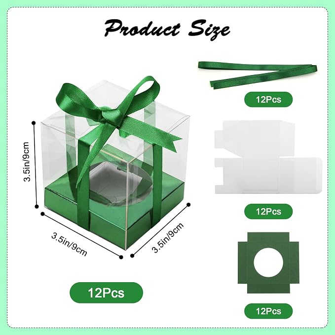 12 Pack Clear Plastic Cupcake Boxes, 3.5 Inch Gold Single Cupcake Containers Disposable Individual Cup Cake Carrier Holder Boxes with Inserts and Ribbon (Green)