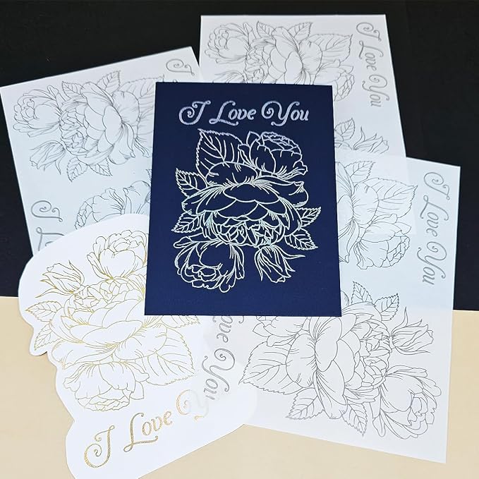 3pc I Love You Flower Stick&Shine Foil Transfer Sticker Paper for Handmade Card Making Scrapbooking and Album Journal Invitation Decoration Metallic Hot Foil Transfer Printing Adhesive Sheets
