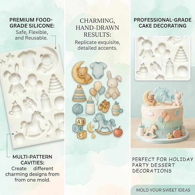 1Pc Rocking Horse Bunny Bear Silicone Mold 3D Balloons Stars ABC Blocks Cake Decorating Fondant Mold for Cake Toppers Candy Gum Paste Pastry Chocolate Sugarcraft Baking Supplies Birthday