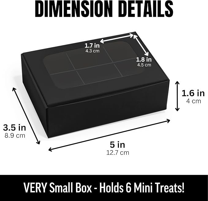 25 pcs Black Mini Truffle Box for 6 treats with Window and Dividers, Bakery Boxes, 5 x 3.5 x 1.57 Inches VERY SMALL Baking Boxes, Square Truffles Box Decorating Supplies for Gift Giving