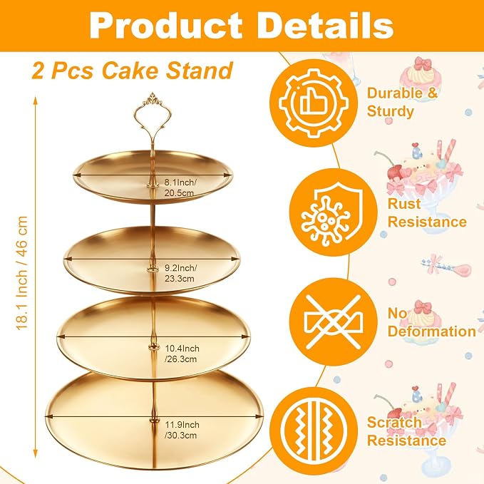 QTLCOHD 2 Pcs 4 Tier Stainless Steel Cupcake Stand | Gold Tiered Dessert Stand for Wedding & Birthday Party