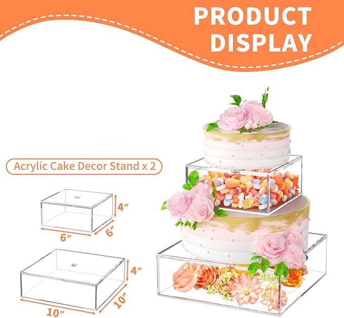 2PCS Clear Acrylic Cake Stand, Fillable Cake Box Riser Cake Tier, Square Cake Display Box with Lid, Decorative Centerpiece Box for Wedding Birthday Party (2pcs, 10" Dx4” H; 6" Dx4” H, 2M LED Lights)