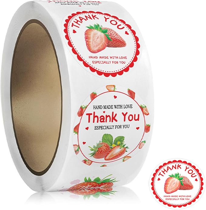 500PCS Strawberry Thank You Stickers Pink Red Hand Made with Love 1 Inch Round Roll Stickers Cute Fruit Decals StrawberryThemed Birthday Party Favors Envelope Seals Cards Gift Wrapping(Strawberry)