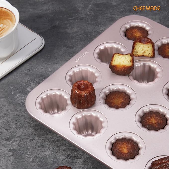 CHEFMADE Mini Canele Mold Cake Pan, 20-Cavity Non-Stick Mini Canele Muffin Bakeware Cupcake Pan for Oven Baking (Champagne Gold)
