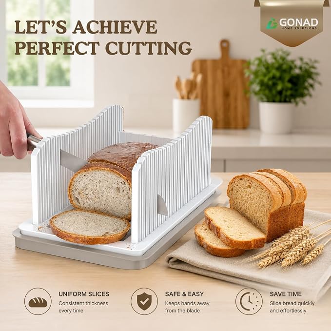 Bread Slicer for Homemade Bread, Adjustable Width Bread Loaf Slicer with Crumb Tray, Bread Bag & Silicone Mat, Foldable Bread Cutter for Even Slices for Loafs, Sandwiches, Bagels & Cakes