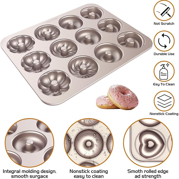 CHEFMADE Donut Mold Cake Pan, 12 Cavity Fluted Flower Cake Tin Pan Heavy Duty Steel Non-stick Flower Heart Shaped Bund Pans Pattern Doughnut Bakeware for Oven Baking (Champagne Gold)