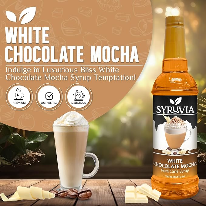Syruvia Coffee Syrup, White Chocolate Mocha Flavored Syrup for Drinks, Lattes, and Desserts – 25.4 fl oz - with Pump